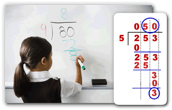 A grammar school student doing long division on a whiteboard.