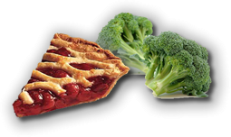 A picture of pie and broccoli.