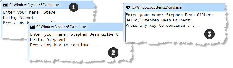 Three sample runs of the program.